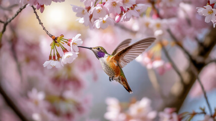 Obraz premium Hummingbird feeds on delicate cherry blossoms in soft sunlight