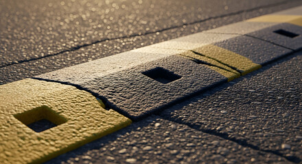 Close Up On A Yellow And Gray Speed Bump On A Street In The Evening
