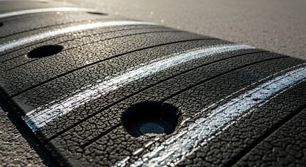 Close Up Perspective Of A Black Rubber Speed Bump With White Stripes