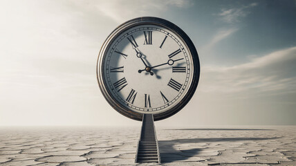 A stairway leads to a giant clock in a barren cracked landscape