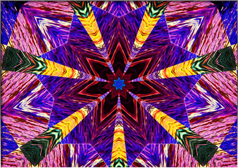 A vibrant kaleidoscope pattern explodes with beams of color, originating from a central star shape. The composition features a dynamic blend of purples, yellows, and reds, creating an energetic design