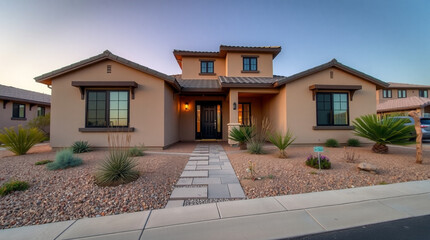 A newly constructed contemporary home on a cul-de-sac, shot from a low front angle. The house has a neutral beige exterior, wooden trim, and black-framed windows. A decorative stone pathway leads to t