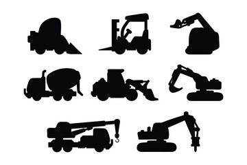 Obraz premium Collection of black construction vehicle silhouettes isolated on white background, including excavator, crane, cement mixer, bulldozer, forklift, and truck