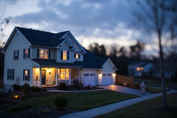 Charming Two-Story Suburban Home at Twilight, Warmly Lit Windows and Cozy Exterior