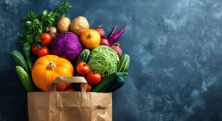 Vegetables spilling from bag. Produce market. Healthy food promotion, shop backdrop
