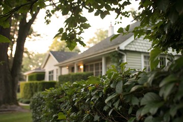 Charming Suburban Homes Nestled Among Lush Green Foliage at Golden Hour
