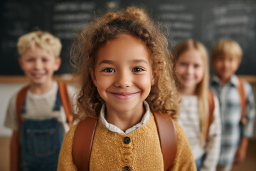 A lively back-to-school scene featuring smiling students with backpacks, surrounded by books and school supplies. 