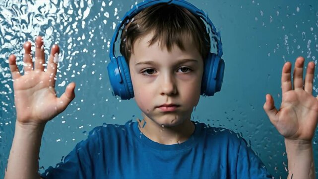 Autistic Child Boy Behind Glass Opens Eyes Video Footage Scene Expressing Sensory Isolation and Awareness