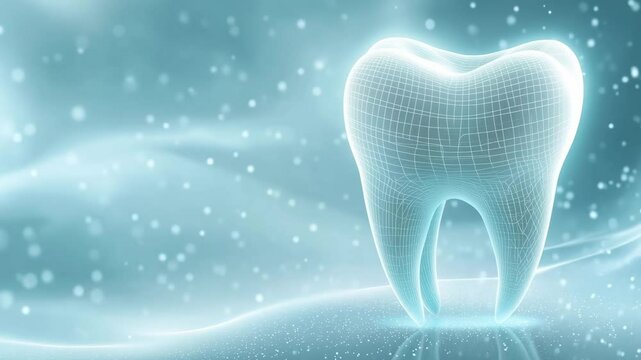 A luminous tooth is depicted with a digital grid pattern against a soft, illuminated background creating a futuristic atmosphere