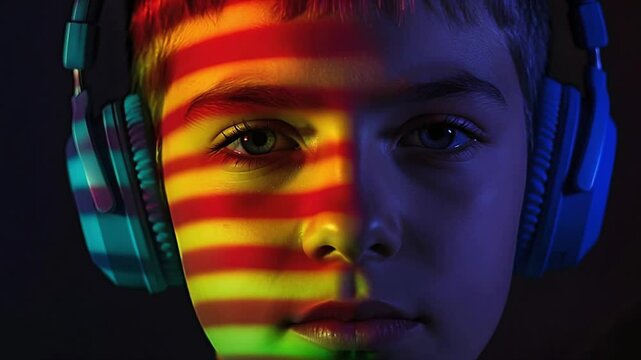 Autistic Child Boy with Colorful Light on Face Video Footage Scene Representing Autism Spectrum and Neurodiversity