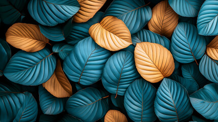 Teal and orange leaves arranged in a flat lay.