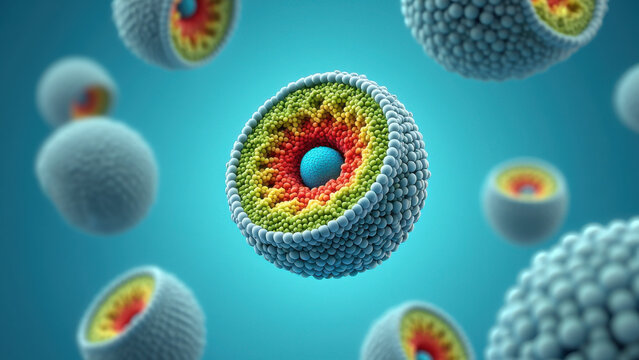 Liposomes molecular structure, nanotechnology system, pharmaceutical delivery, skincare innovation, layered lipid spheres, vibrant biomolecules