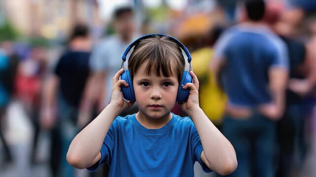 Autistic Child Boy Covering Ears in Busy City Video Footage Scene Showing Sensory Overload and Shutdown