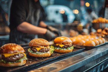 Chef grilling burgers at food truck with buns and condiments ready for delicious meal preparation concept of street food, culinary skill, urban dining experience