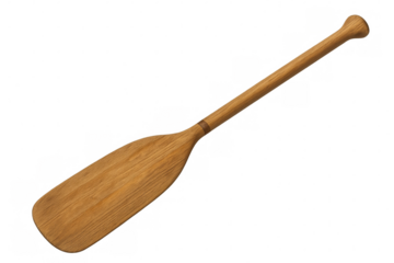 Wooden paddle with natural grain texture, single-blade kayaking design featuring elongated handle and broad paddling surface