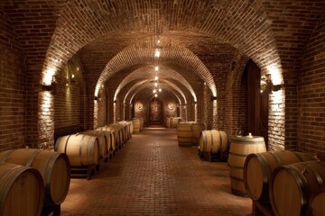 Obraz premium Rows of oak barrels age in a dimly lit brick wine cellar.