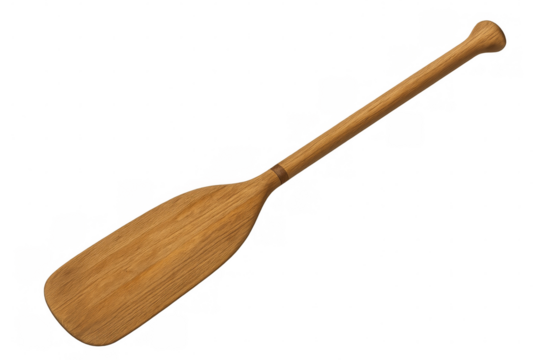Wooden paddle with natural grain texture, single-blade kayaking design featuring elongated handle and broad paddling surface
