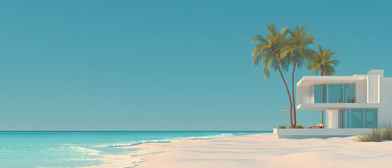 Modern beach house with palm trees on sunlit sand, wide cinematic coastal scene with clean sky and open space ideal for real estate branding, promotional design, or summer marketing