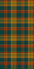 Warm autumnal plaid pattern in rich teal, orange, and gold hues.  Perfect for fallthemed designs, textile prints, website backgrounds, or crafting projects.