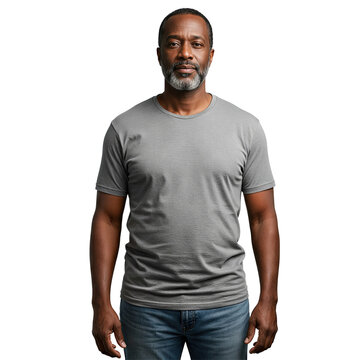 Homem negro maduro com barba grisalha, vestindo camiseta cinza e jeans