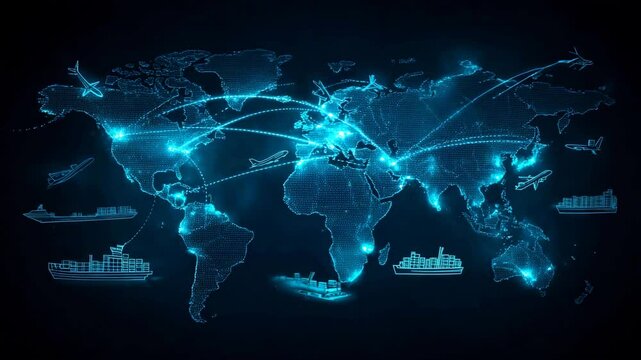 The digital world map highlights global trade and transportation networks. - Powered by Adobe