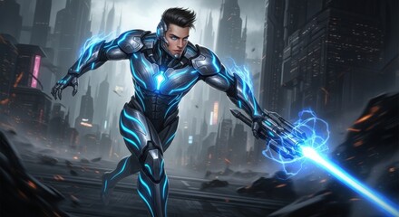 Young man dancing in the blue light of the city at night, a powerful illustration of fitness and future