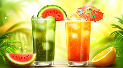 Two iced drinks with watermelon and orange slices, on a wooden surface with blurred tropical background.