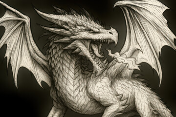 Detailed pencil drawing of a fierce medieval fantasy dragon with large wings sharp claws and open jaws roaring in an aggressive pose on a dark background