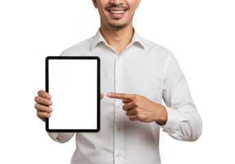 Smiling man pointing to a blank tablet on transparent background