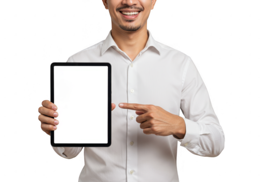 Smiling man pointing to a blank tablet on transparent background