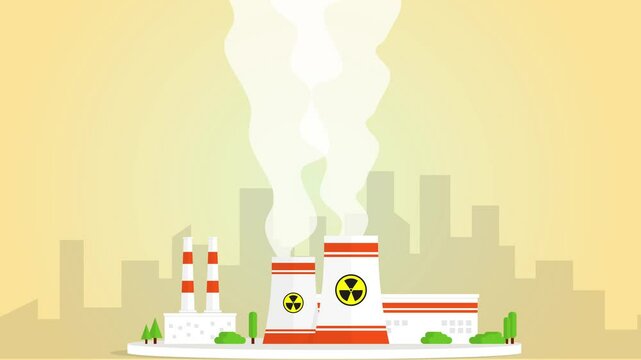nuclear power plant with atomic reactors smokestack emission 2d cartoon animated loop 4k nuclear weapon war concept city in the distance background