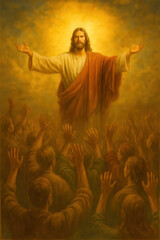 Religious painting of Jesus Christ with open arms surrounded by glowing golden light and worshippers raising their hands in devotion symbolizing spiritual salvation and divine presence

