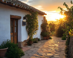 House in a village in Spain with solar panels on the roof.