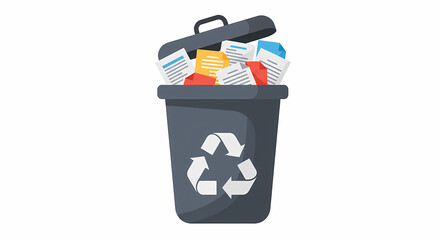 An illustration of a dark gray trash can overflowing with discarded paper documents, with the lid slightly ajar and a recycling symbol on the bin.