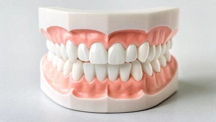 Obraz premium A detailed close-up of a complete set of human teeth and gums, ideal for illustrating dental aesthetics, hygiene, and anatomical studies. The uniform color and realistic texture emphasize health