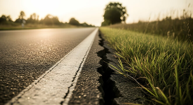 Close-up of a cracked asphalt road with a white line and grass on the side creating a conceptual image - Powered by Adobe
