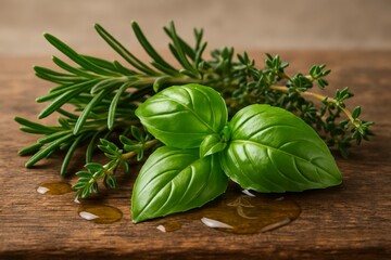 Fresh herbs selection including basil, rosemary and thyme on a rustic wooden surface with oil, ideal for culinary uses.