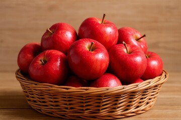 Crisp red apples are beautifully arranged in a rustic wicker basket on a wooden surface, ideal for healthy snacks.