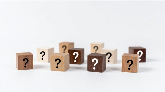 question mark icon on wooden cubes on white background,  Q and A, questions and answers concept.
