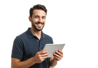 Smiling Man Holding Tablet on Transparent Background