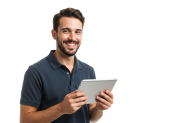 Smiling Man Holding Tablet on Transparent Background