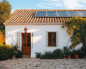 House in a village in Spain with solar panels on the roof.