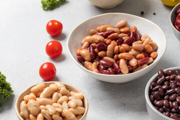 Different types of canned beans in bowls for healthy eating concepts. Plant protein 