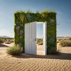 Desert Oasis Doorway: A white door, nestled within a vibrant living wall of succulents and greenery, stands open in the heart of a sun-drenched desert landscape.