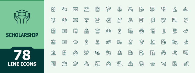 Scholarship line icon set. Study line icons with editable stroke. Minimalist icons pack. Study linear icon collection. Editable stroke collections.