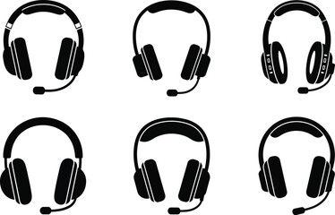 Black headset icons, a collection of communication and audio device symbols