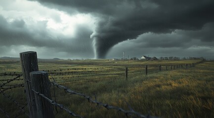 A powerful tornado descends on a rural landscape