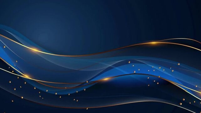Elegant abstract background with flowing blue and gold lines and particles floating gracefully