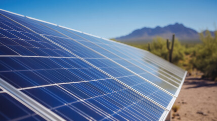 Close-up of ground-mounted solar panels in a desert landscape, surrounded by native cacti and sand dunes
