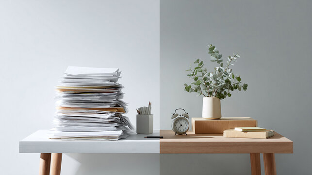 Concept shot contrasting stressful workload and calm organization. Papers vs. plant, conveying balance, efficiency, or burnout. Office, work, life balance themes.